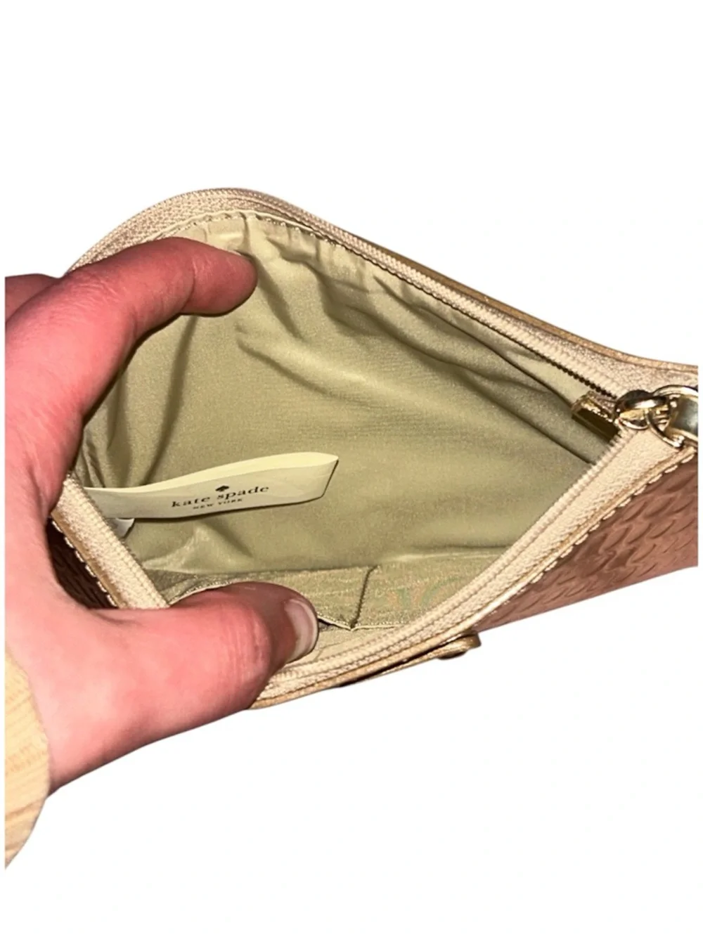 Kate Spade Gold Metallic Slim Mini Flat Cosmetic Zipper Pouch EUC